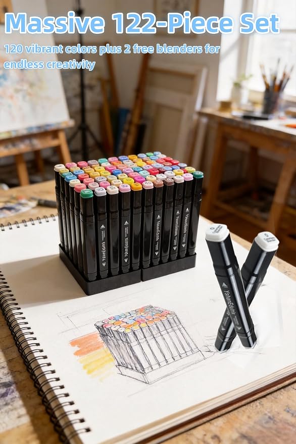 122-Piece Alcohol Markers, 120 marker set with 2 Bonus Blenders, Dual Tip Art Markers for Adults, Vibrant Marker Pens with Pen Holder & Case for Drawing, Sketching, Christmas Gift