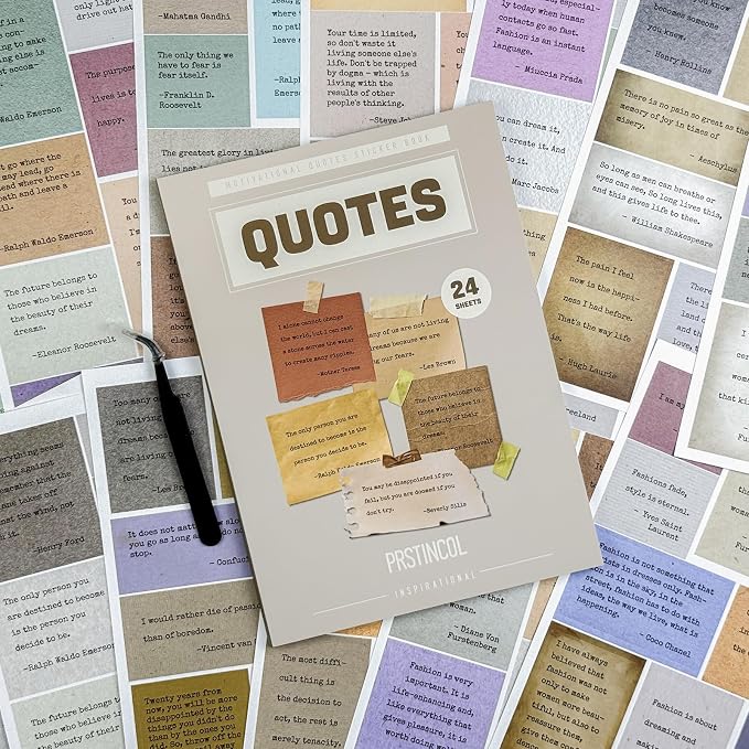 Prstincol 24 Sheets Vintage Motivational Quote Stickers Pad wtih Tweezer,246 Pcs Inspirational Typewriter Font Quotes Pad,Word Stickers for Scrapbook Junk Journal Bullet Journal DIY Craft Card Making