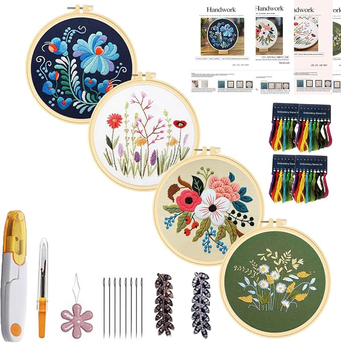 CHIYOSING Embroidery Kit for Beginners Adults, 4 Floral Pattern to Learn Over 30 Different Stitches,Includes Step-By-Step Instructions,Sharp Scissors and 2 Exquisite Hairpins and Multiple Accessories