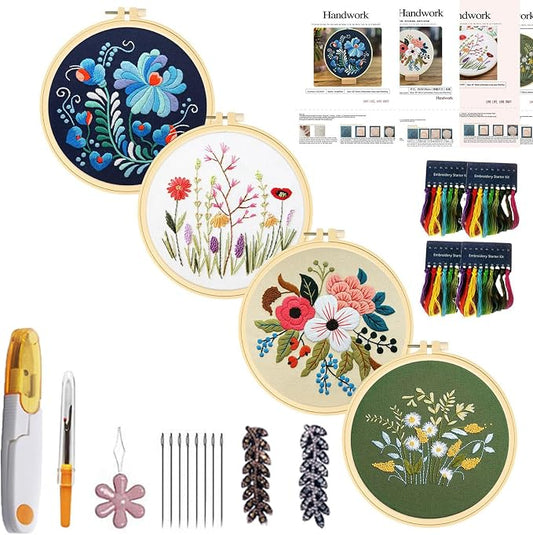 CHIYOSING Embroidery Kit for Beginners Adults, 4 Floral Pattern to Learn Over 30 Different Stitches,Includes Step-By-Step Instructions,Sharp Scissors and 2 Exquisite Hairpins and Multiple Accessories