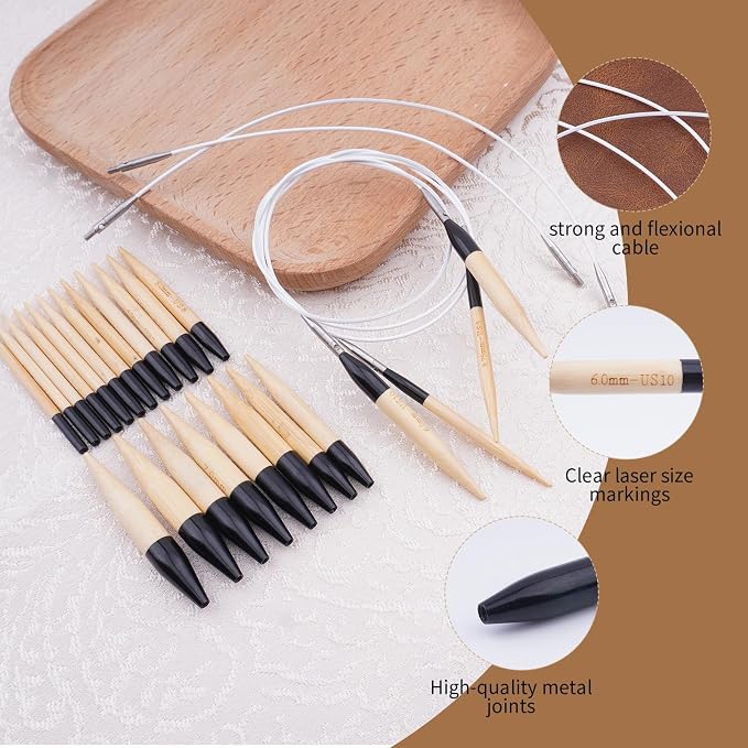 WAZAIGUR 2.16" Short Interchangeable Bamboo Circular Knitting Needles Set