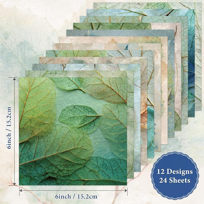 24 Sheets Green Leaves Scrapbook Paper 6'' × 6'' Single-Sided Pattern Paper Decorative Decoupage Scrapbooking Paper Supplies for DIY Card Craft Making Supplies