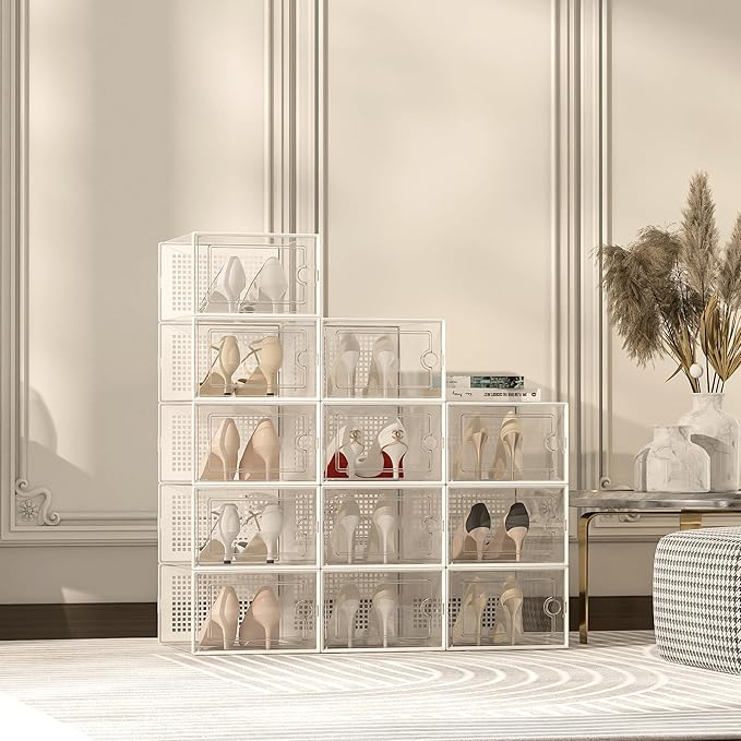 Kuject X-Large Shoe Storage Boxes 12 Pack, Clear Stackable Shoe Organizer