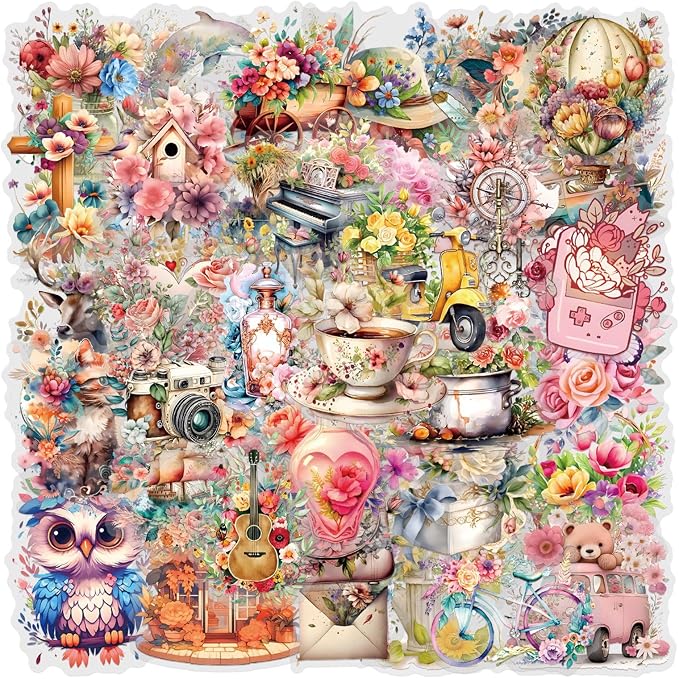 57 PCS Vintage Floral Stickers for Scrapbooking Journaling Junk Journal Scrapbook Supplies - Self-Adhesive Scrapbooking Stickers Supplies Journal Stuffers for Adult Card Making Letters DIY (ff)