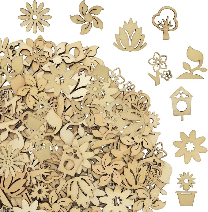 DIYOMR 200Pcs Unfinished Wood Pieces Hollow Wooden Art Decor, Vintage Embellishments Decorative Accessories for Scrapbooking Crafts DIY Home Decor (Plant & Flowers)