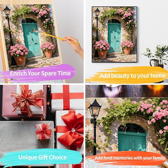 pchmcu DIY Streetscape Paint by Numbers Kits for Adults,Flower Door Scenery Paint by Number for Adults Beginner,Paint by Numbers Kits on Canvas Without Frame for Home Wall Decor 16x20inch