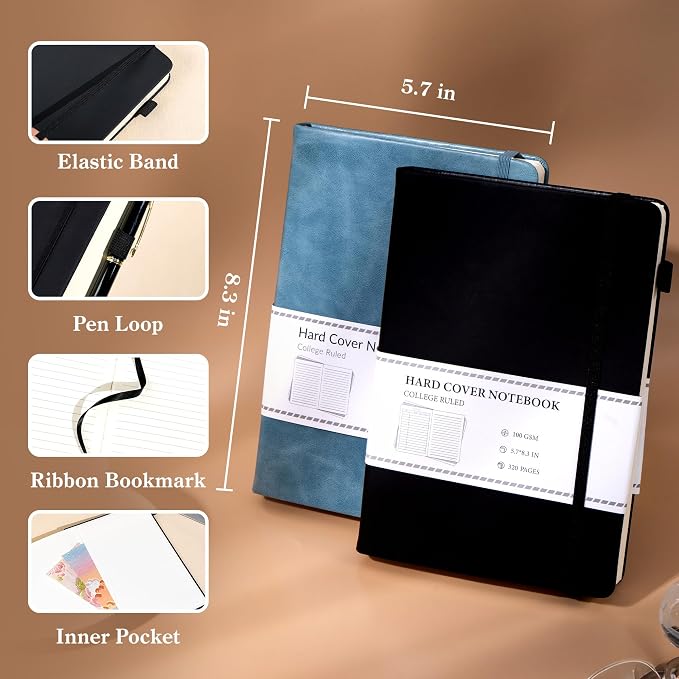 CAGIE 2 Pack Journals Notebooks for Women Men Leather Journals for Writing Hardcover A5 Journaling Notebooks Thick Journal Supplies Diary, Black& Blue
