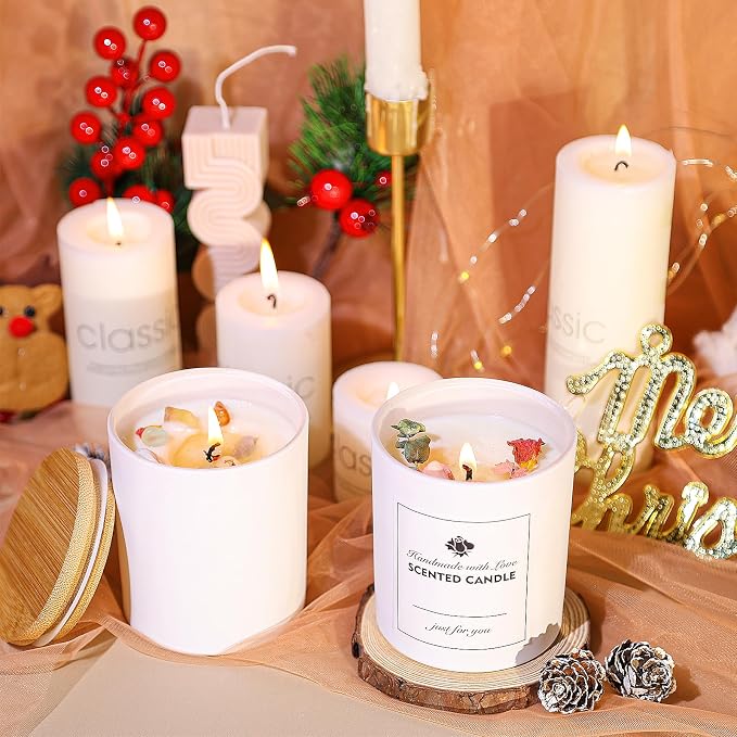 CONNOO 12 Pack 10 OZ White Glass Candle Jars with Bamboo Lids | For Making Candles, Airtight, Sticky Warning Labels, Empty Container Bulk, Dishwasher Safe