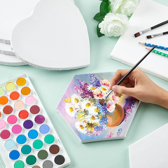 Thenshop 24 Pieces Stretched Canvas for Painting Bulk Blank Canvas Board, Square Round Hexagon Heart Shaped Frame for Kids Art Supplies for Acrylic Pouring Oil Painting(Assorted Shapes)