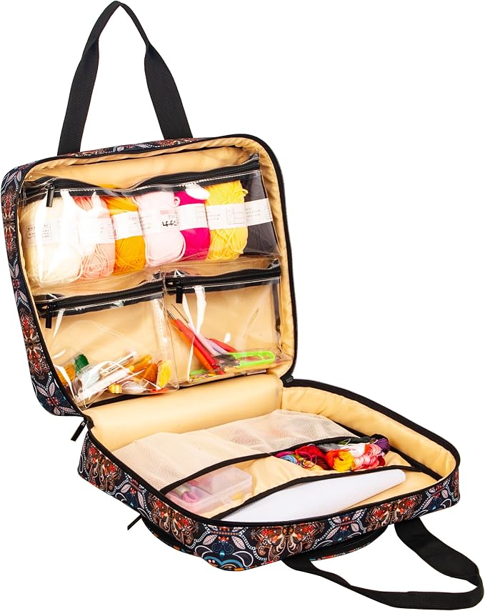 Portable Craft Kits Storage Bag Cross Stitch Starter Kits Embroidery Project Bag Embroidery Tool Storage Tote with Multifunctional Pockets, Bag Only (Colorful Pattern)
