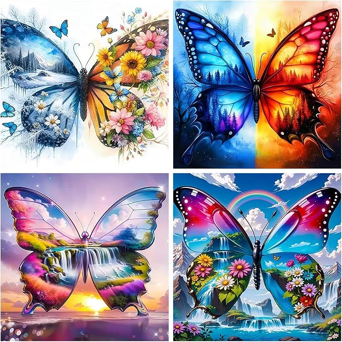 4 Pack 5D Butterfly Diamond Art kits for Adults Beginners 11.8x11.8 Inch | Four Seasons Landscape Diamond Painting Kit, DIY Full Round Drill Paint by Diamonds Dot Gem Art for Adult, Home Wall Decor
