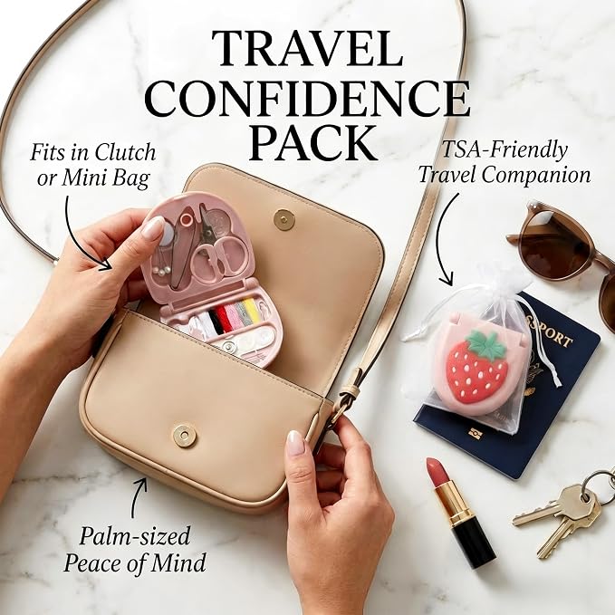 2 Pack Mini Travel Sewing Kit, Portable Emergency Sewing Box with Scissors, Needles, Threads, Compact Clothing Repair Set for Travel, Purse, Office, College Dorm (3D Strawberry Red)