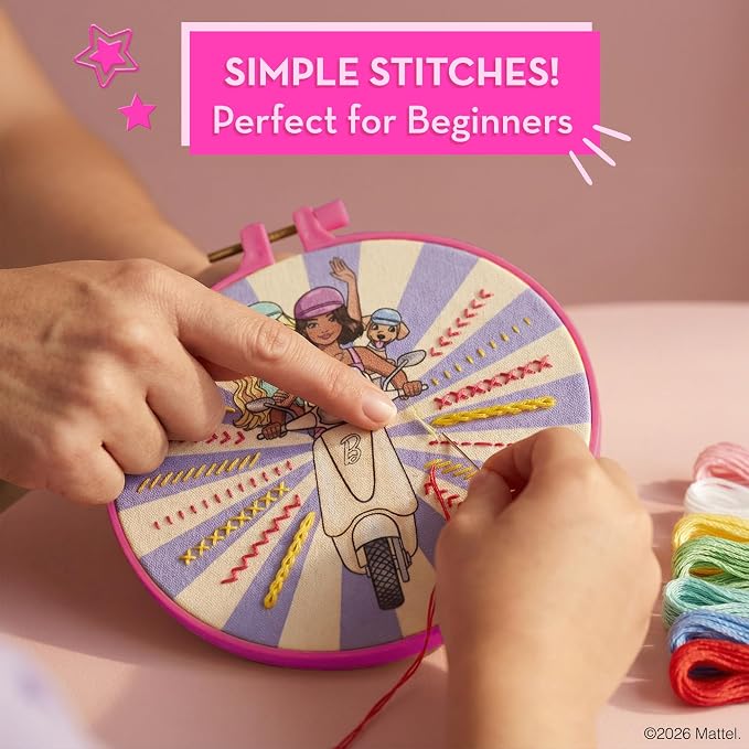 Barbie® Embroidery Kit for Kids Ages 8-12 - 8 Beginner Designs, 2 Hoops
