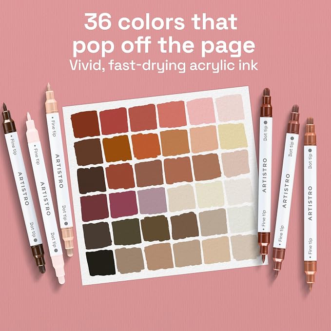 ARTISTRO Skin Tones Dual-Tip Acrylic Paint Marker Pens - Set of 36 | For Fabric, Rock, Glass, Wood, & Coloring Books, Arts & Crafts Gift, Classroom Must Haves & School Supplies (Dot & Fine Tips)