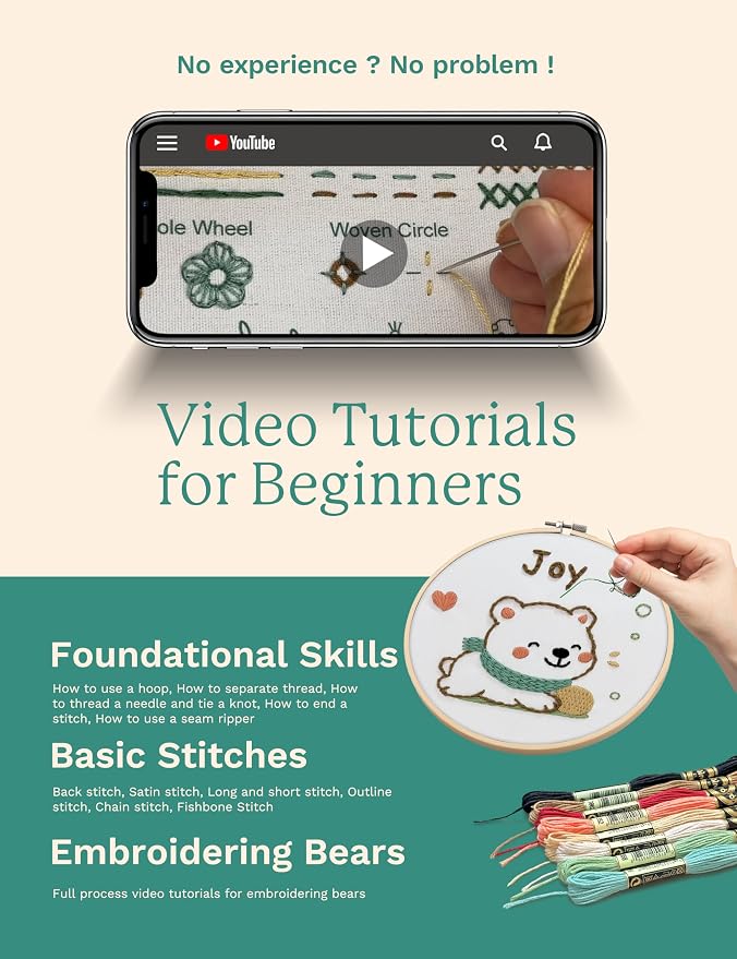 Bradove Bears Embroidery Kit for Beginners with Patterns | Beginner Embroidery Kit for Adults and Kids, Hand Embroidery for Beginners, Learn to Embroider Kit Adult Beginner