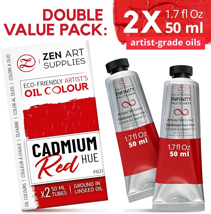 ZenART Professional Oil Paint Set - Artist Grade Cadmium Red Hue - 2x50ml | Non-Toxic, Buttery Consistency, Rich Pigment, Lightfast Oil Paints for Primed Surface Canvas, Fine Art, Portraits & Landscape