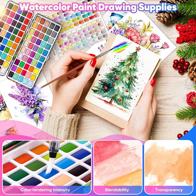 Taotree Watercolor Paint Set 100 Colors, Art Supplies Travel Water Colors | Coloring Set Watercolors Kit with 3 Paints Brushes, Crafts Painting Supplies, Drawing for Adults Artist Drawing