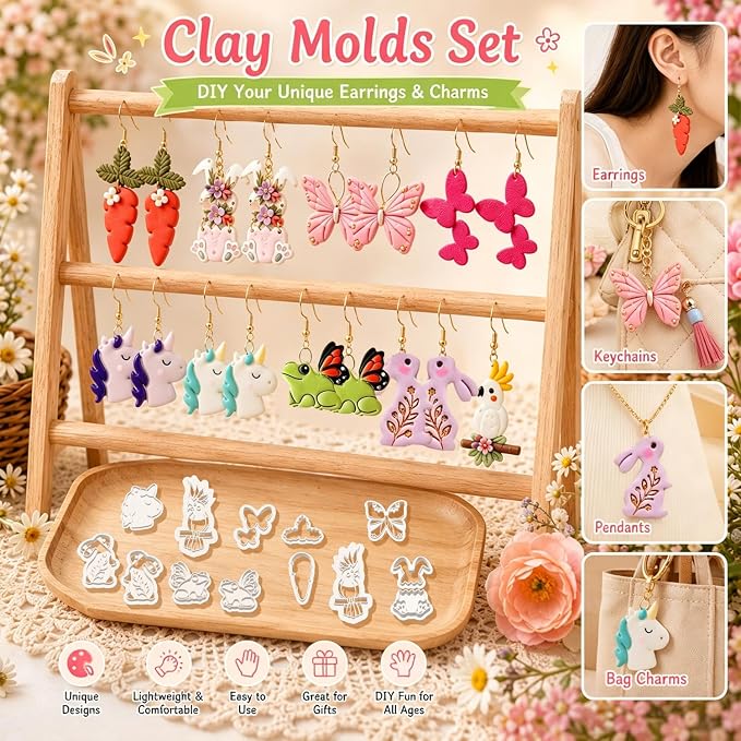 13 Pcs Easter & Whimsical Animal Polymer Clay Cutters Set - Butterfly, Unicorn & Frog Imprint Cutters for Polymer Clay Jewelry Making, Gift for Animal Lovers, Friends, Sisters & Wives