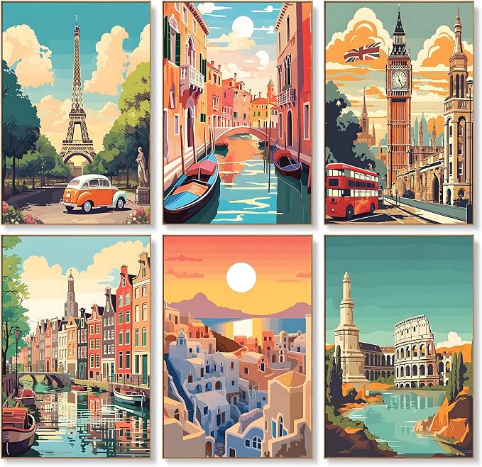 Offito 6 Pack Paint by Numbers Kit for Adults, Travel Cityscape, 8x12 Inch | Acrylic Vintage Number Painting Set, DIY Canvas Art Craft Kit for Beginner, Home Decor, Stress Relief Relaxing Hobby Gift