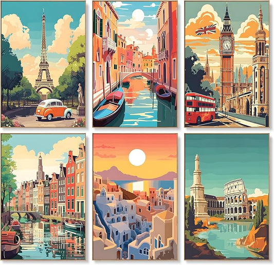 Offito 6 Pack Paint by Numbers Kit for Adults, Travel Cityscape, 8x12 Inch | Acrylic Vintage Number Painting Set, DIY Canvas Art Craft Kit for Beginner, Home Decor, Stress Relief Relaxing Hobby Gift
