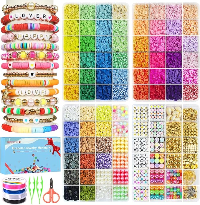 Redtwo 18000 Pcs Clay Beads Bracelet Making Kit, 4 Boxes 64 Colors Flat Polymer Heishi Jewelry with Gift Pack, Friendship Bracelet for Girls Ages 8-12 | 4 Boxes 64 Colors Beads Set for Friendship Jewelry Making Kit with Charms, Crafts Gifts for Girls A...