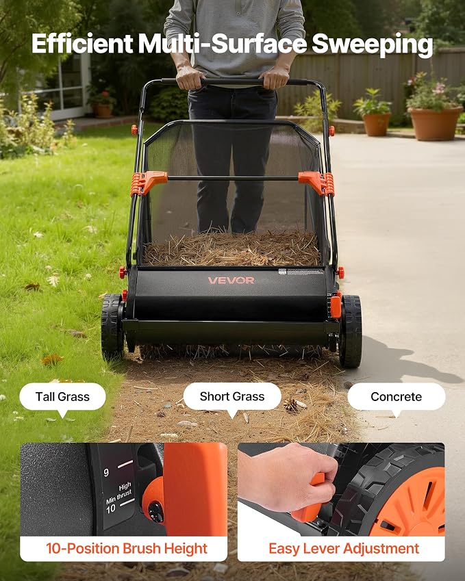 VEVOR Push Lawn Sweeper 30 in Leaf & Grass Collector 12 cu. ft. Hopper Bag