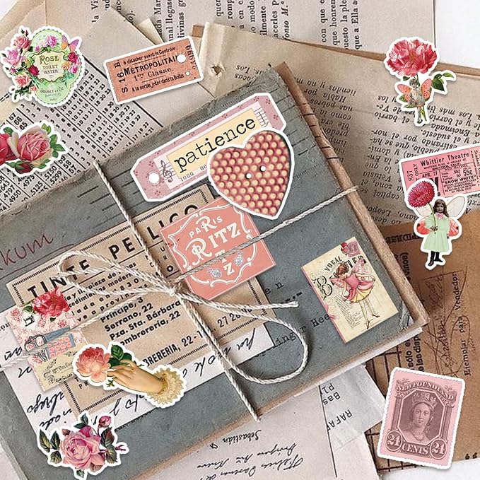 Bomichi Vintage Stickers, 102 Pcs Scrapbooking Supplies for Bullet Journals, Planners, Letter, Card Album Making, Collage Art, Crafts, Water Bottle