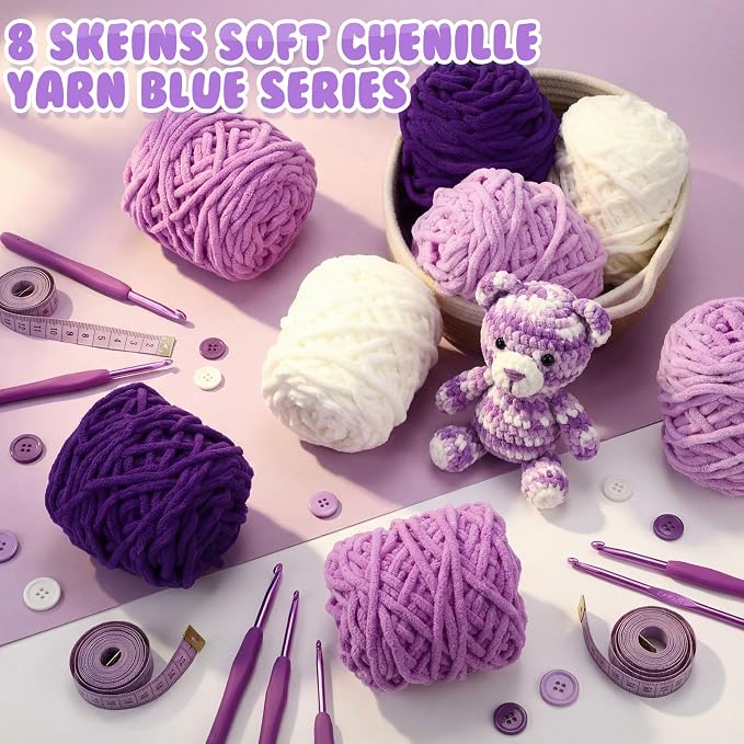 Buryeah 8 Pack Chunky Chenille Yarn for Crocheting, Purple Series