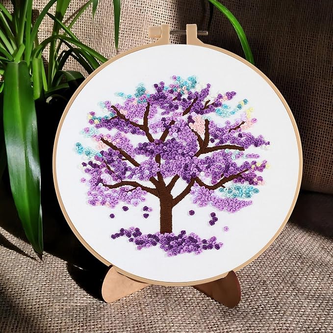 Sivilife Embroidery Starter Kit for Beginners, 4 Sets Stamped Cross Stitch Kits for Adult, Seasonal Tree Pattern Hand DIY Kits with 2 Embroidery Hoop Instructions Color Threads Needles and Scissor