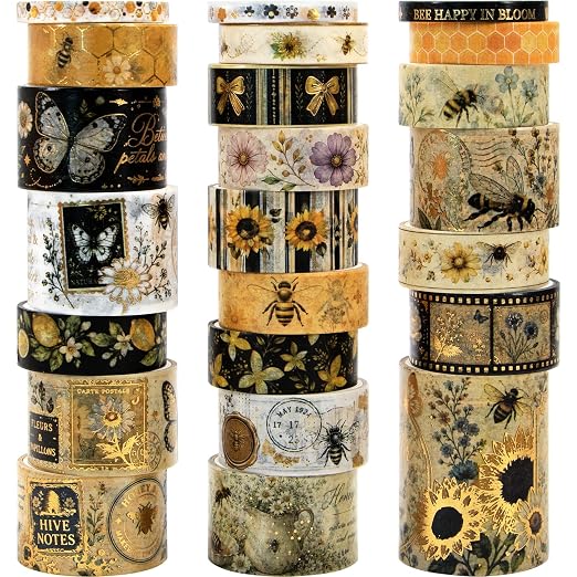 Bee Washi Tape Set 23 Rolls - 7 Sizes | Decorative Tape for Junk Journal Supplies, Scrapbook, Planner