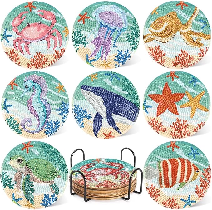 mrpwnle 8 Pack Diamond Art Coasters Kits - Ocean Diamond Painting Coasters