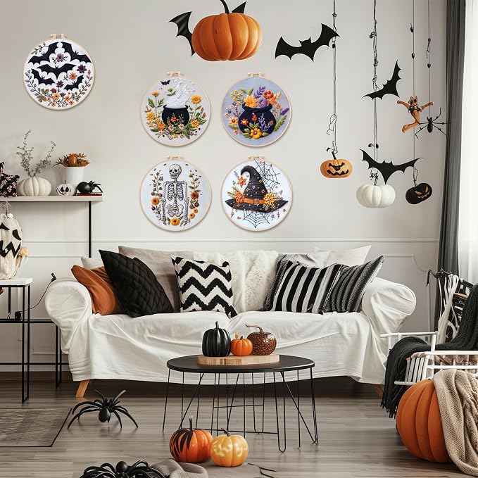 YOUDRN Halloween Embroidery Kit, Skeleton Halloween Cross Stitch Kit