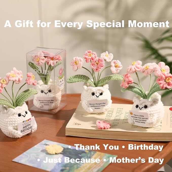 Crochet Forget Me Not Flower Gift – Thank You Gift for Women with Card “Never Forget the Difference You Make”, Appreciation Gift for Teacher, Coworker, Nurse, Friend, Cute Desk Decor