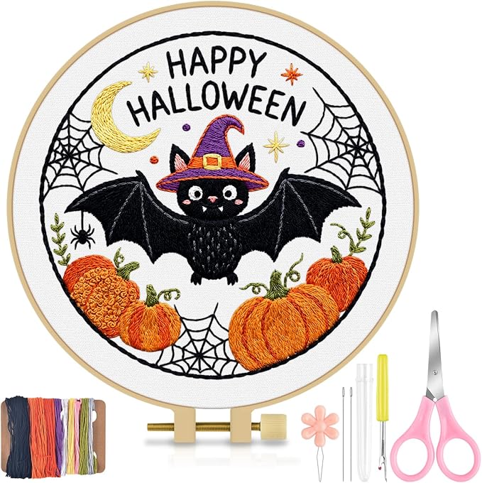 TINDTOP Halloween Embroidery Kit for Adult, Embroidery DIY Starter Kit, with Stamped Patterns, Hoop, Tools, Colorful Threads with Needles, Instructions (Halloween D)
