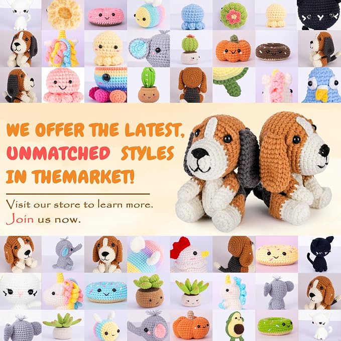 Crochetta Crochet Kit for Beginners, Beginner Crochet Kit for Adults with Step-by-Step Video Tutorials, DIY Crochet Animal Kits Knitting Supplies, 2 Pack Beagle Family (40%+ Yarn)