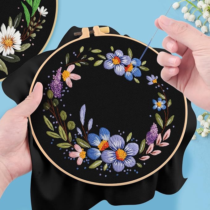 ERKOON 3 Sets Embroidery Kit, Floral Cross Stitch Set for Include Embroidery Cloth Hoops Threads for Craft Lover Hand Stitch (Garlands)