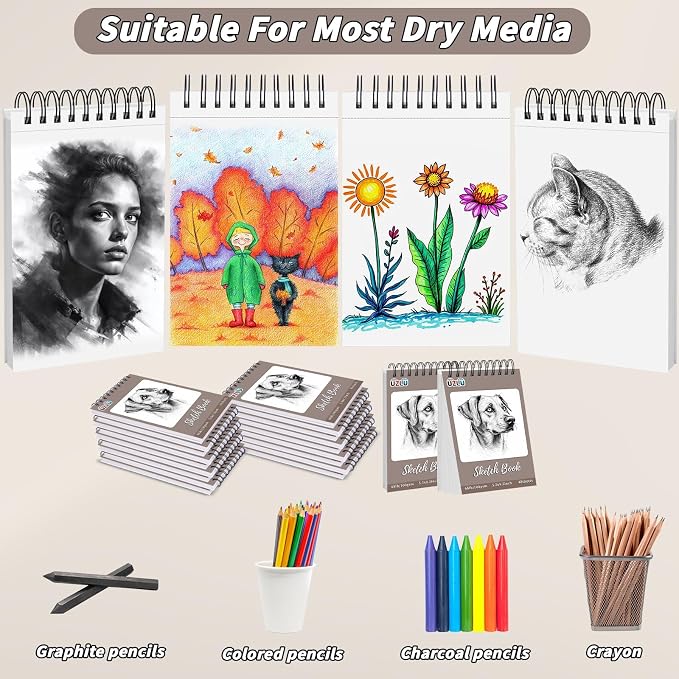 5 Pcs Sketch Books Bulk 5.5 x 8.5 in 200 Sheets Top Spiral Bound Sketch Pad Drawing Paper 40 Sheets Each Acid Free Mixed Media Sketchbook 68lb/100gsm Art Supplies for Beginner Artist