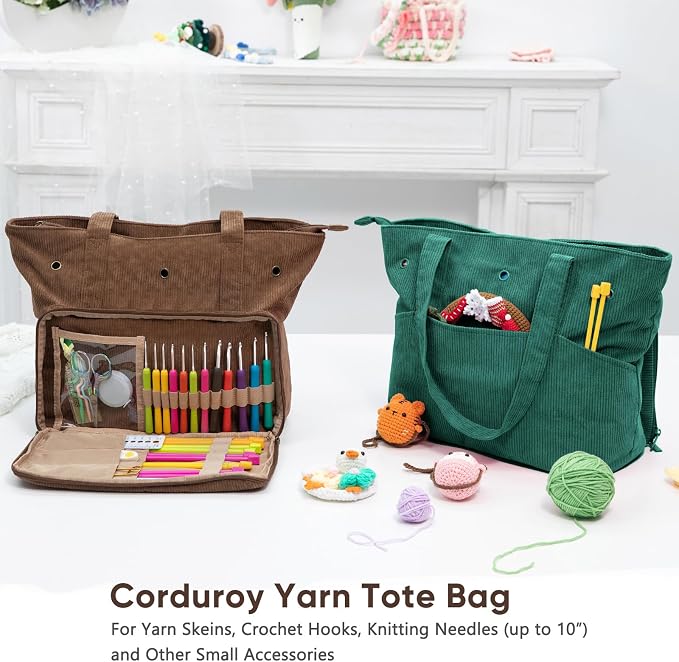 MYBAGZING Large Yarn Tote Organizer – Corduroy Knitting Storage Holder for Yarn, Hooks & Accessories, Portable Craft Carryall for Crocheting Lovers, Mother’s Day Gift