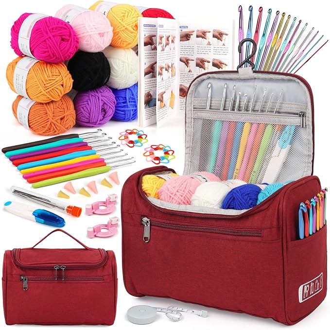 Aeelike Crochet Kit for Beginners Adults Kids, Complete Crochet Set, Winred | Crochet Kit for Beginners Young and Old, All-inclusive Kit with Crochet Hooks 655 Yards Yarn Instruction Knit Bag, Ideal Gift