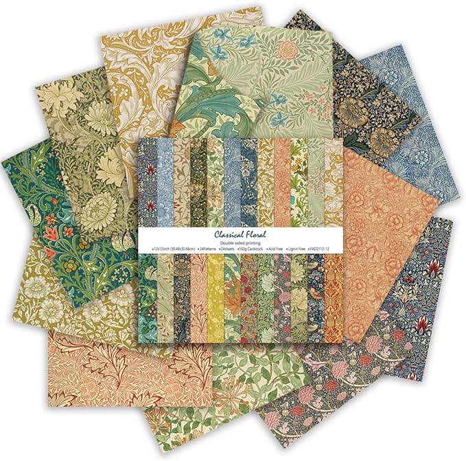 Classical Floral Scrapbook Paper 12x12 - 24 Sheets Double Sided Pattern Decorative Craft Paper for Scrapbooking Planner Bullet Junk Journal Supplies Mixed Media Collage Card Making ﻿