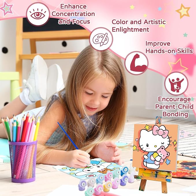 4 Pcs Cartoon Paint by Numbers Kit for Kids Ages 8-12 with Frame and Easel | Cute Kids Paint by Numbers Ages 4 8 12 for Girls Boys Gifts, Easy DIY Acrylic Oil Painting for Home Wall Decor (8x8 inch)