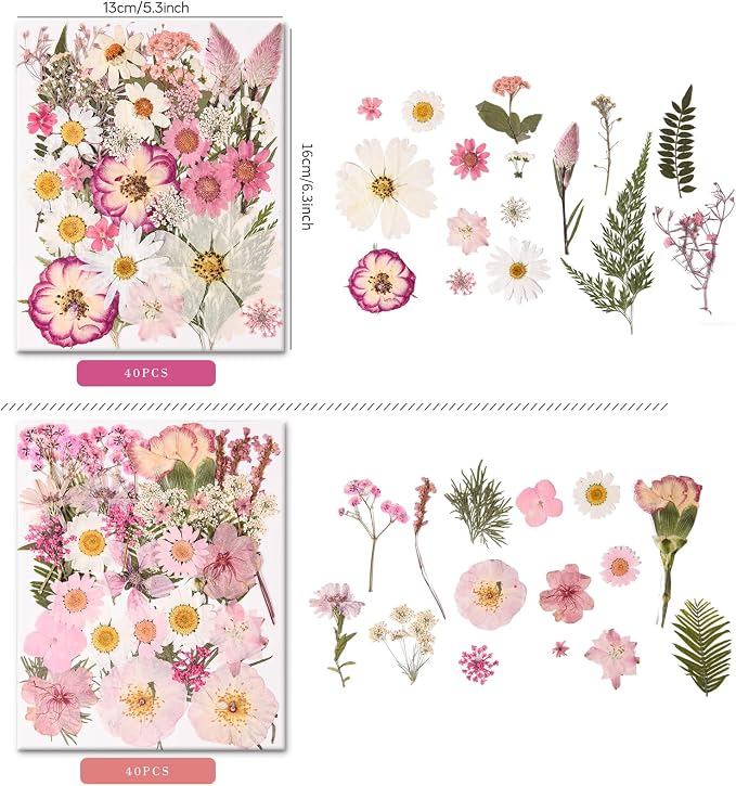 80PCS Pink Pressed Dried Flowers Dry Leaves with Tweezers