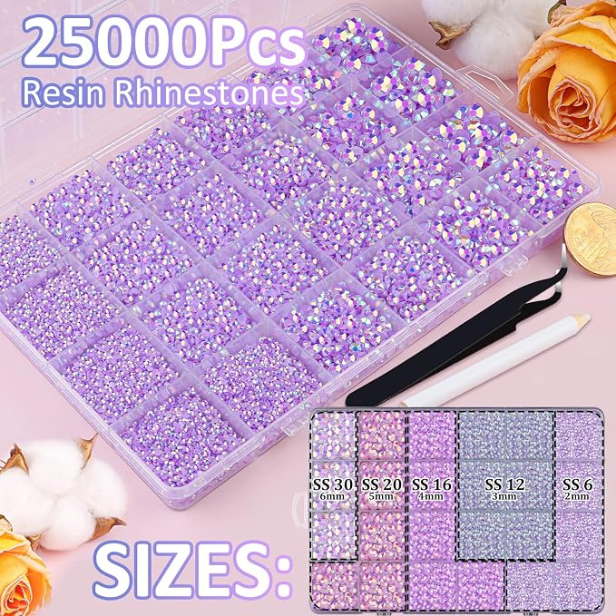 25000Pcs Resin Rhinestones for Crafting, Lavender Purple AB 2-6mm Mixed Sizes Non Hotfix Flatback Gems with 1Pcs Glue, Bedazzling Crystal for DIY Craft Clothing Mugs Tumblers Shoes Decor Nail Art
