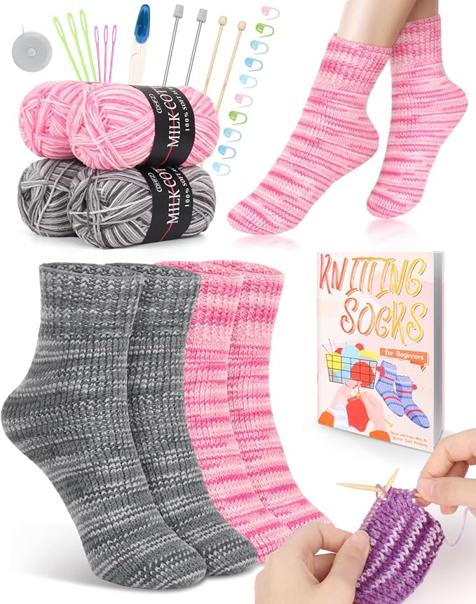 Katech Knitting Kit for Beginner Adults W/Socks Step-by-Step Instruction | 4 Pcs Socks Yarn Knitting Kit w/ Knitting Needles, Knitting Starter Kit for Learn to Knit Sock Kits Gift Gray-pink
