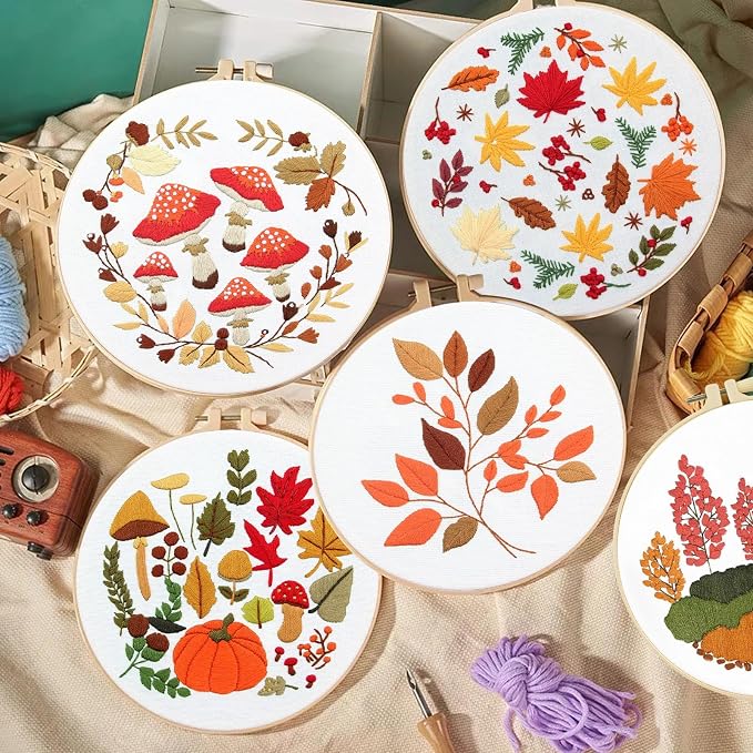5 Sets Thanksgiving Fall Embroidery Kit for Beginners Adults Embroidery Starter Kit Mushroom Maple Leaf Cross Stitch Kits Embroiderys Needlepoint Kits Include Instruction 2 Hoops Color Threads Needles