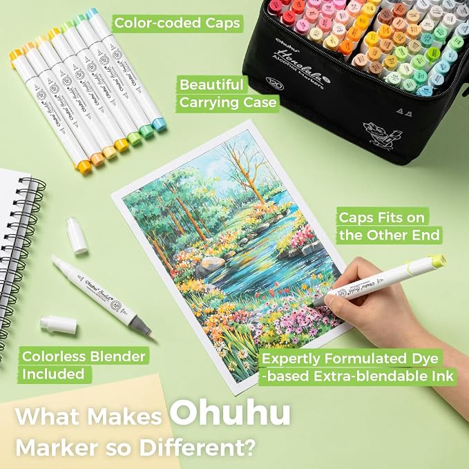 Ohuhu Alcohol Markers Brush Chisel 120 Colors for Adult Coloring Refillable | AP Certified Art Marker Set, Dual Tips Alcohol-based for Artists Beginners Drawing Illustration Sketching, Honolulu 2