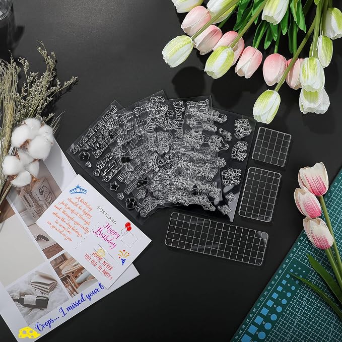Clear Stamps for Card Making, 4 Sheets Sentiments, 3 Acrylic Blocks | Happy Birthday Rubber Stamps, Grid Line Blocks, DIY Scrapbooking, Journaling, Ink Pad Compatible