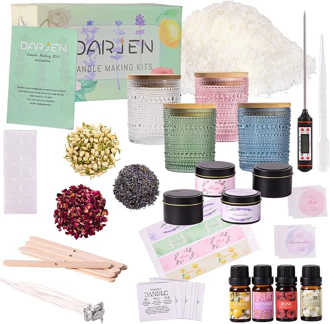 DARJEN Candle Making Kit for Adults, 8 Jars & Tins Soy Wax Scented DIY Set | 100% Soy Wax, 10oz Glass Jars, 4oz Tins, Cotton Wicks, Pleasant Scents, Instruction& More- Perfect as Home Decorations