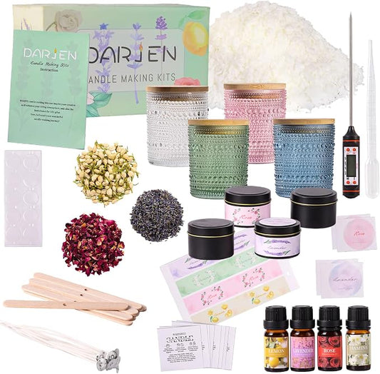 DARJEN Candle Making Kit for Adults, 8 Jars & Tins Soy Wax Scented DIY Set | 100% Soy Wax, 10oz Glass Jars, 4oz Tins, Cotton Wicks, Pleasant Scents, Instruction& More- Perfect as Home Decorations