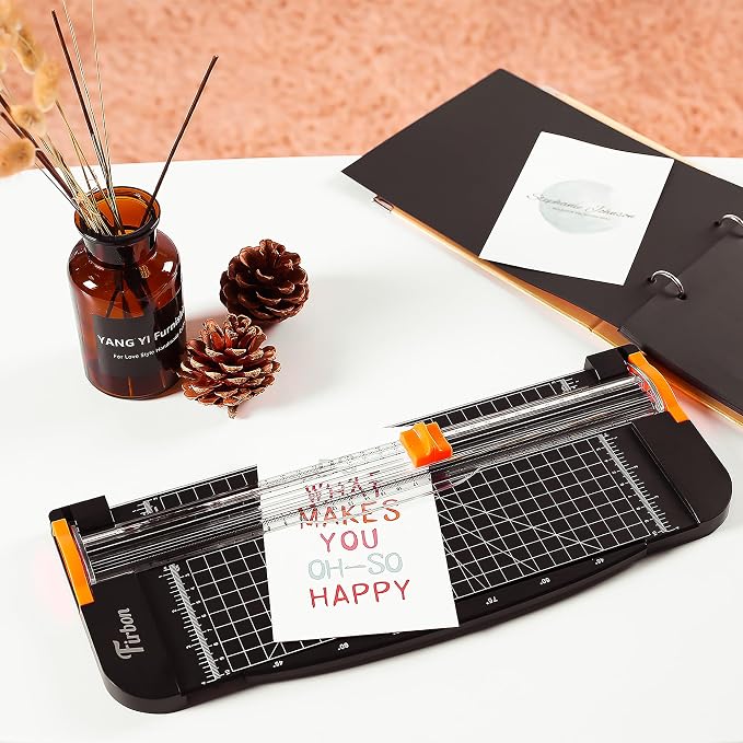 Firbon A4 Paper Cutter, 12 Inch Paper Trimmer with Extened Ruler, Black | 10 Sheet Capacity | CM & Inch Scale | Spring-Loaded Safe Blade | Cuts Cardstock, Vinyl, Coupons, Labels & Scrapbooking Craft